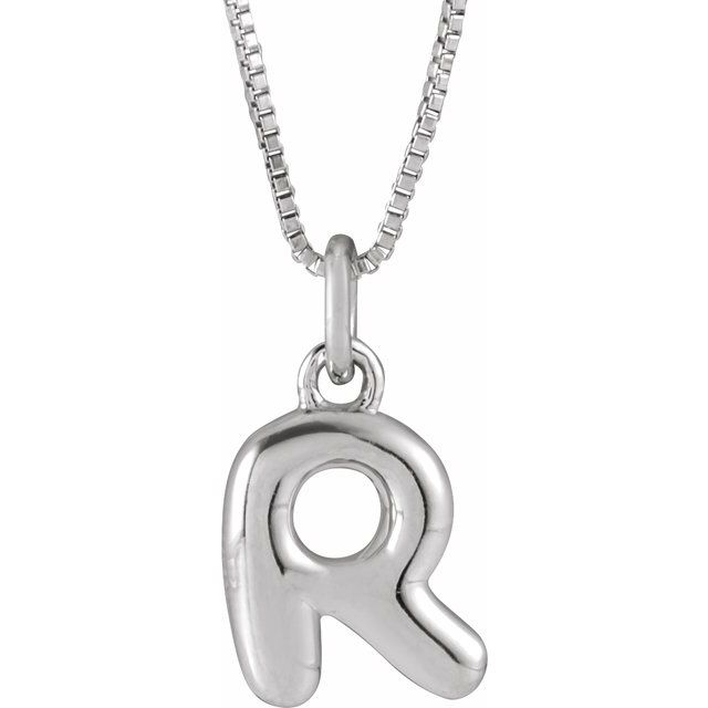 Bubble initial R necklace in white metal, front view