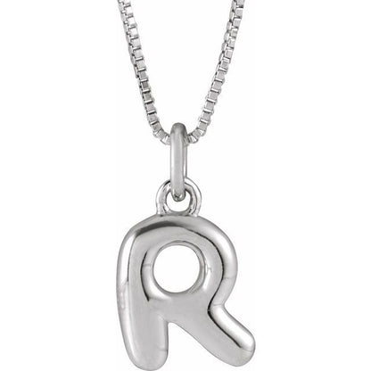 Bubble initial R necklace in white metal, front view
