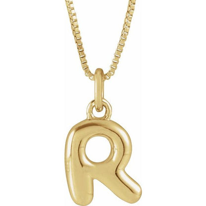 Bubble initial R necklace in yellow metal, front view