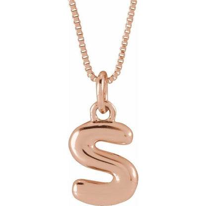 Bubble initial S necklace in rose metal, front view
