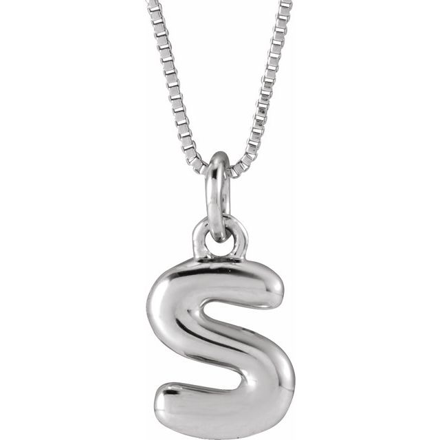 Bubble initial S necklace in white metal, front view