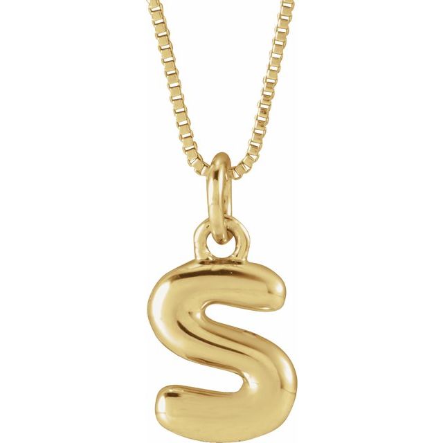 Bubble initial S necklace in yellow metal, front view