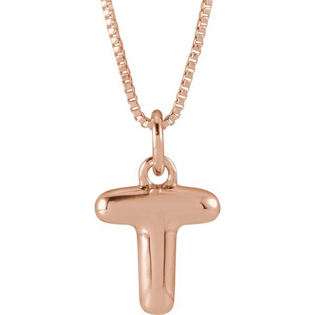 Bubble initial T necklace in rose metal, front view
