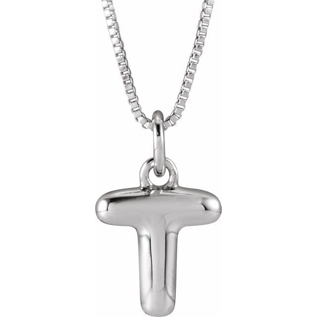 Bubble initial T necklace in white metal, front view