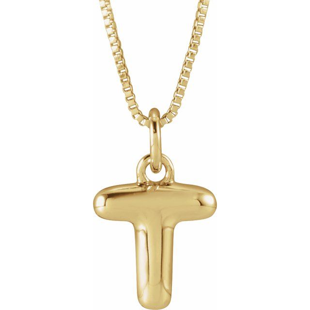 Bubble initial T necklace in yellow metal, front view