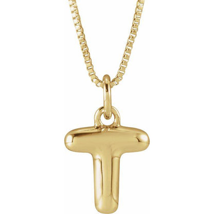Bubble initial T necklace in yellow metal, front view