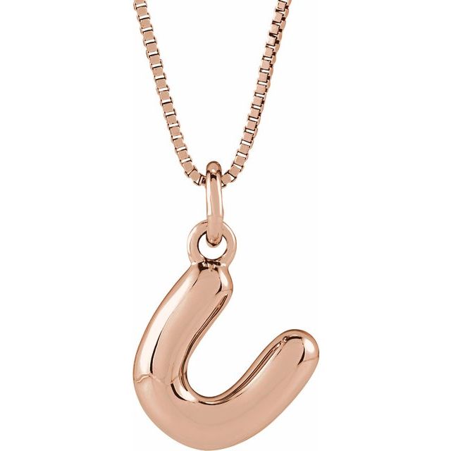 Bubble initial U necklace in rose metal, front view