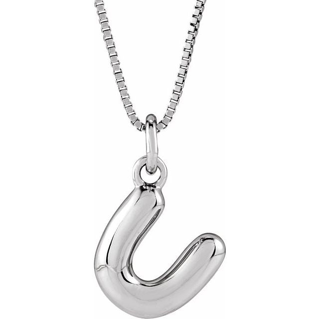 Bubble initial U necklace in white metal, front view