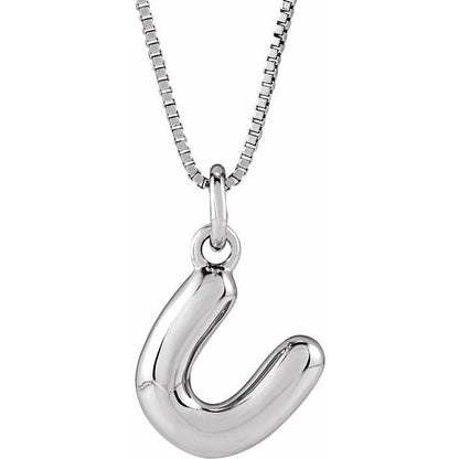 Bubble initial U necklace in white metal, front view