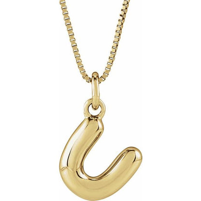 Bubble initial U necklace in yellow metal, front view
