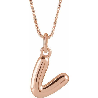 Bubble initial V necklace in rose metal, front view
