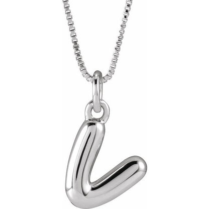 Bubble initial V necklace in white metal, front view