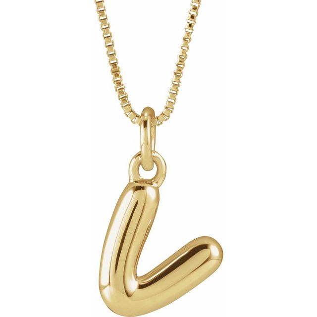 Bubble initial V necklace in yellow metal, front view