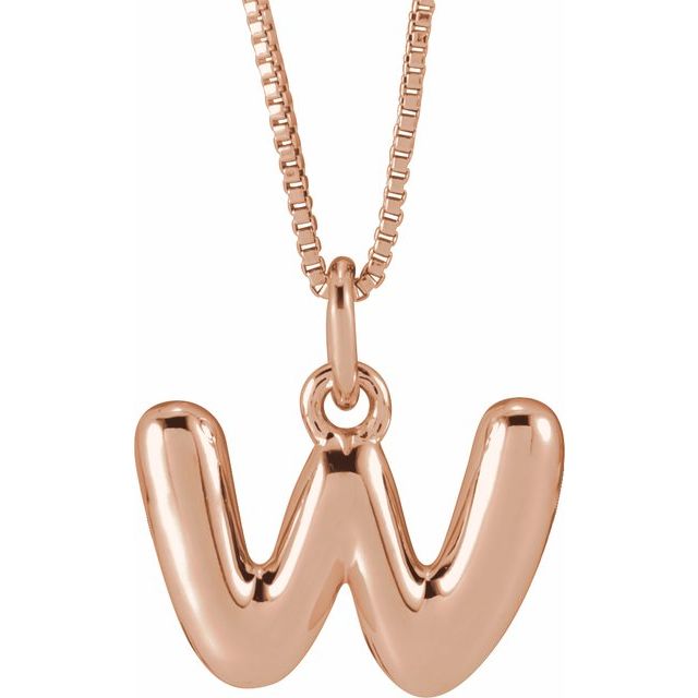 Bubble initial W necklace in rose metal, front view
