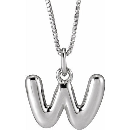 Bubble initial W necklace in white metal, front view