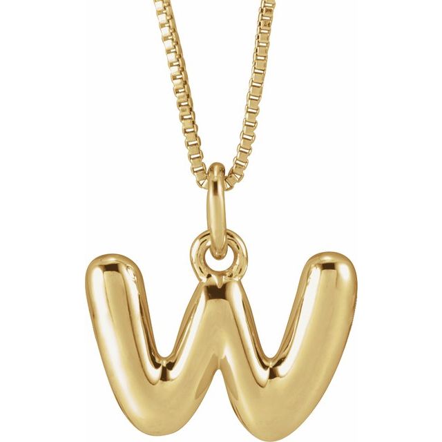 Bubble initial W necklace in yellow metal, front view