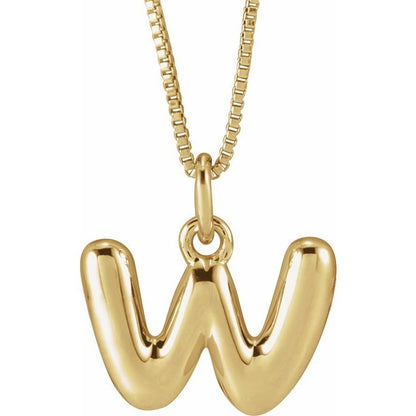 Bubble initial W necklace in yellow metal, front view