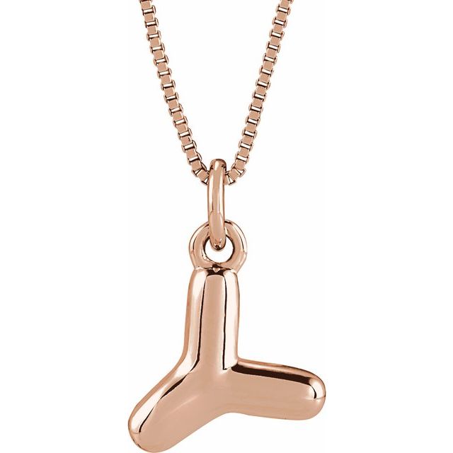Bubble initial Y necklace in rose metal, front view