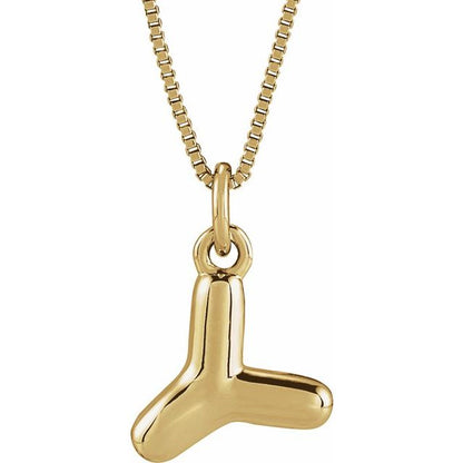 Bubble initial Y necklace in yellow metal, front view