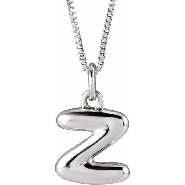 Bubble initial Z necklace in white metal, front view