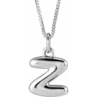 Bubble initial Z necklace in white metal, front view