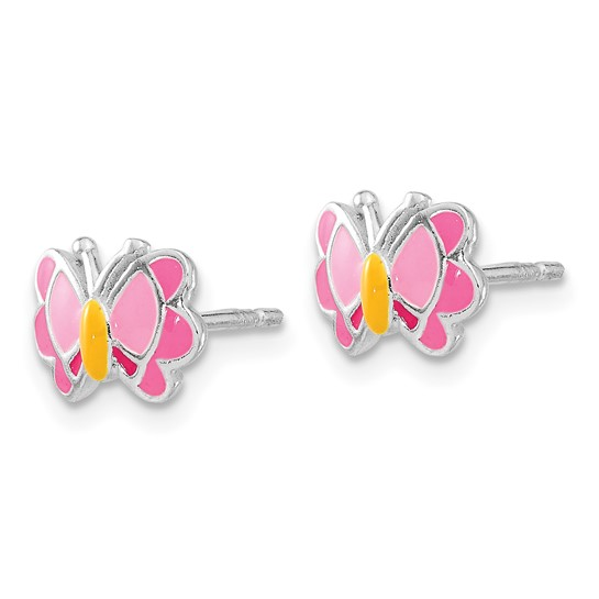 Pair of sterling silver pink and orange enamel butterfly stud earrings