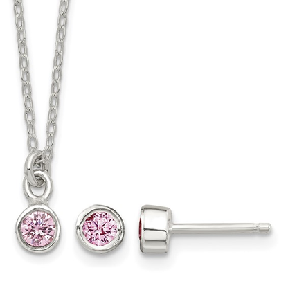 Children's sterling silver pink cubic zirconia necklace and stud earring set