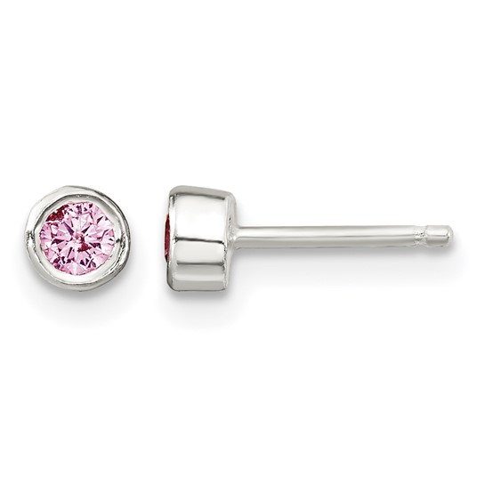 Front and side detail of children's sterling silver pink cubic zirconia stud earring