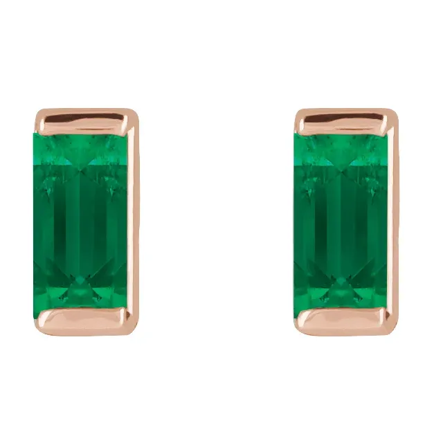 Lab-grown emerald baguette stud earrings in 14K rose gold, front view