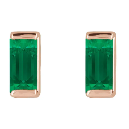 Lab-grown emerald baguette stud earrings in 14K rose gold, front view