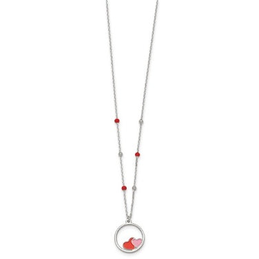 Full view of the red and pink enameled hearts necklace