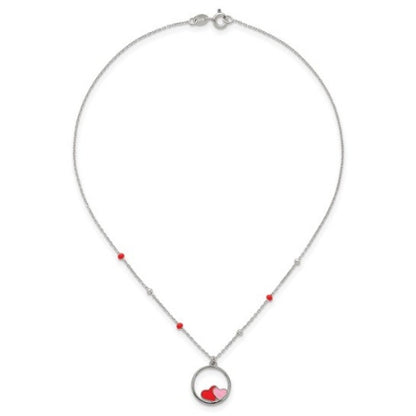 Red and pink enameled hearts necklace arranged flat
