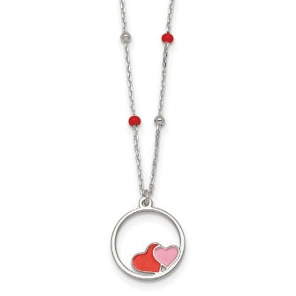Sterling silver red and pink enameled hearts children's necklace