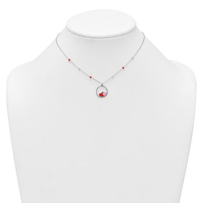 Red and pink enameled hearts children's necklace shown on a display bust