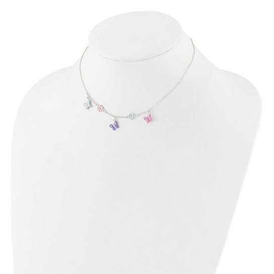Floral and butterfly children's necklace shown on a display bust