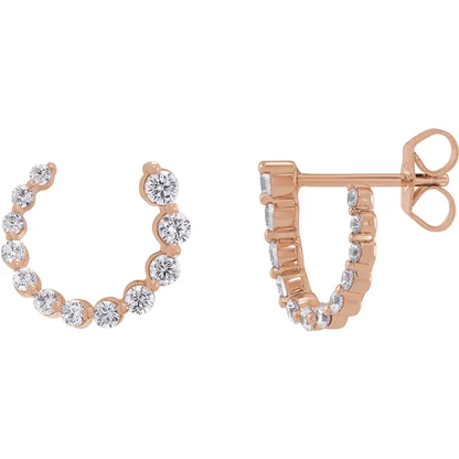 12mm rose gold front-back lab-grown diamond earrings shown from front and side