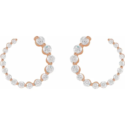 Front view of 15mm rose gold front-back lab-grown diamond earrings