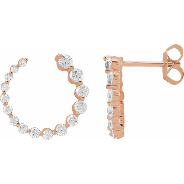 15mm rose gold front-back lab-grown diamond earrings shown from front and side