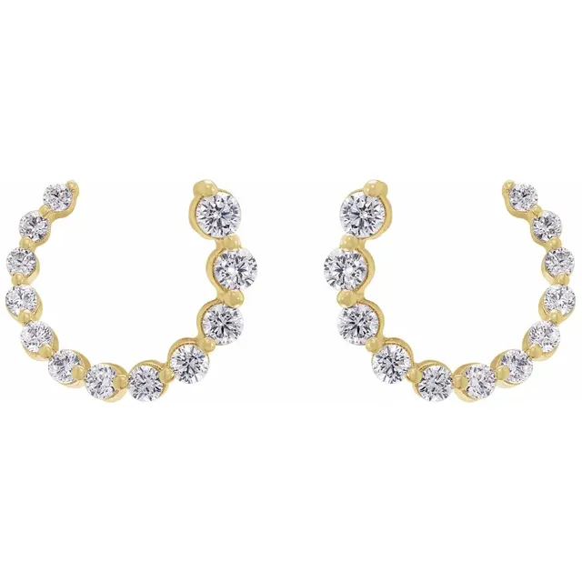 Front view of 15mm yellow gold front-back lab-grown diamond earrings