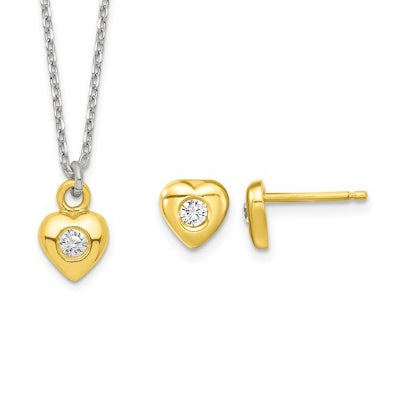 Sterling silver gold-tone CZ heart children's necklace and earring set