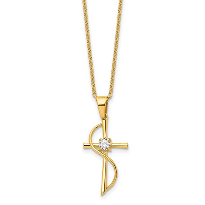 Gold-tone ion-plated stainless steel faith cross necklace with cubic zirconia, pendant detail