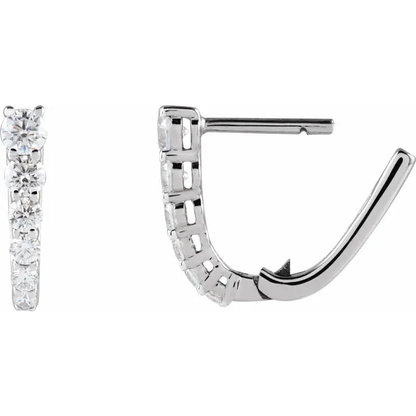 Graduated lab-grown diamond U-hoop earrings in white metal, open hinged closure