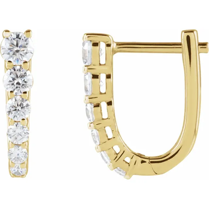 Graduated lab-grown diamond U-hoop earrings in yellow metal, closed side view