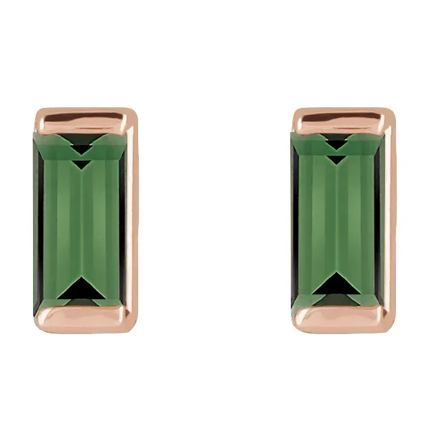 Natural green tourmaline baguette stud earrings in 14K rose gold, front view