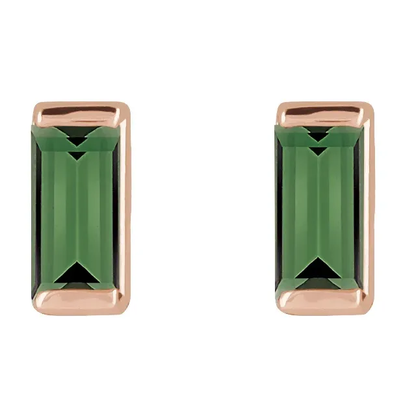 Natural green tourmaline baguette stud earrings in 14K rose gold, front view