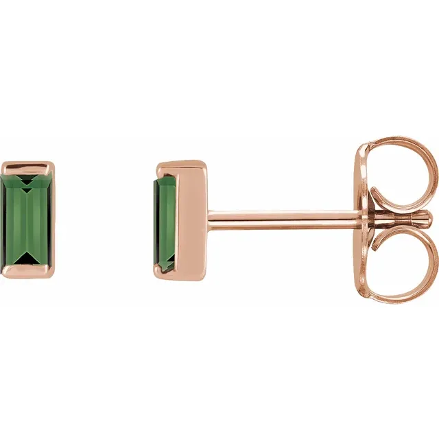 Natural green tourmaline baguette stud earrings in 14K rose gold, side view