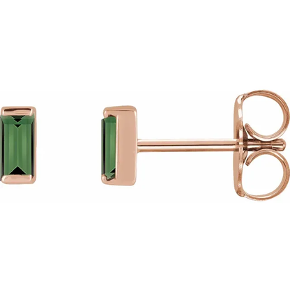 Natural green tourmaline baguette stud earrings in 14K rose gold, side view
