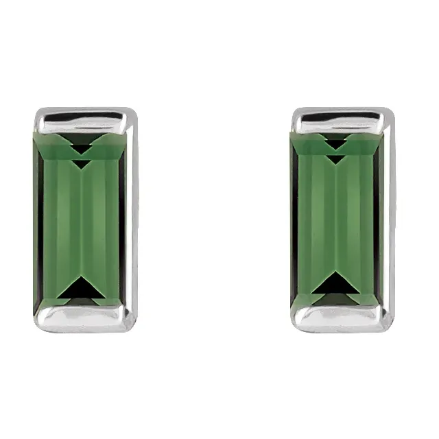Natural green tourmaline baguette stud earrings in white metal, front view
