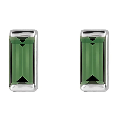 Natural green tourmaline baguette stud earrings in white metal, front view