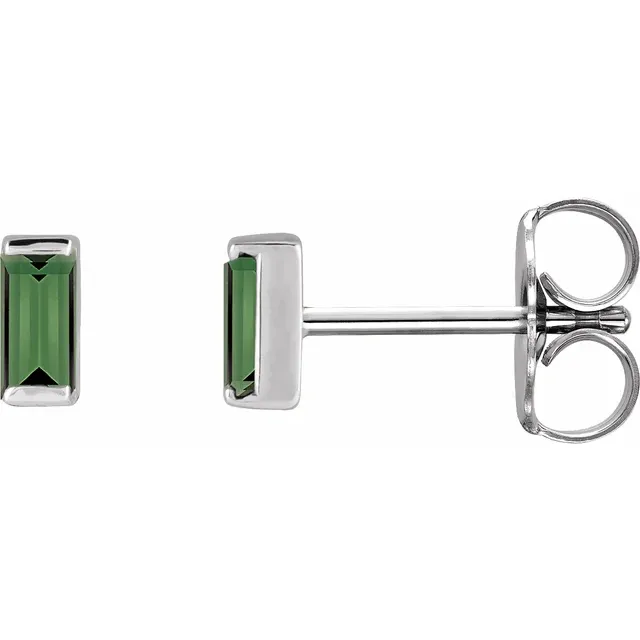 Natural green tourmaline baguette stud earrings in white metal, side view